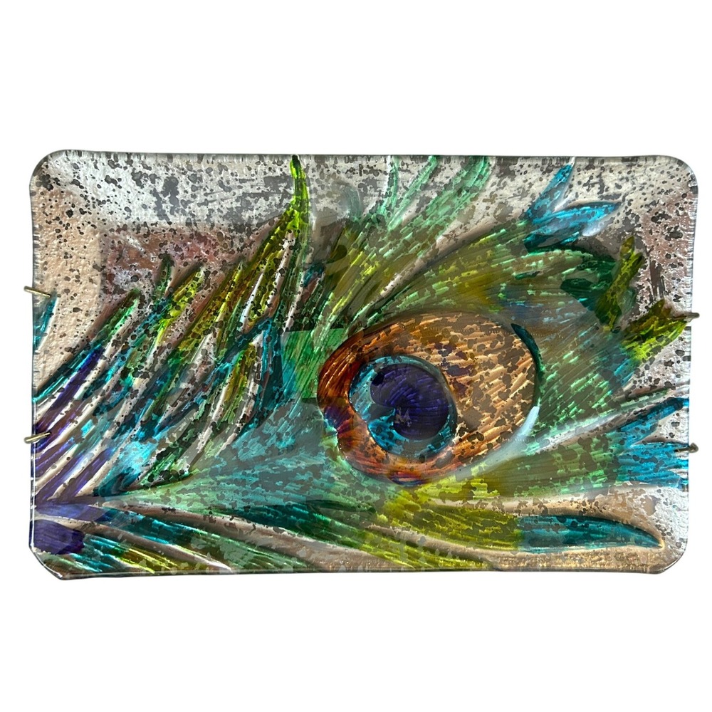 Vintage Fused Glass Peacock Feather Rectangular Plate Wall Art Decor 14in - Picture 2 of 6
